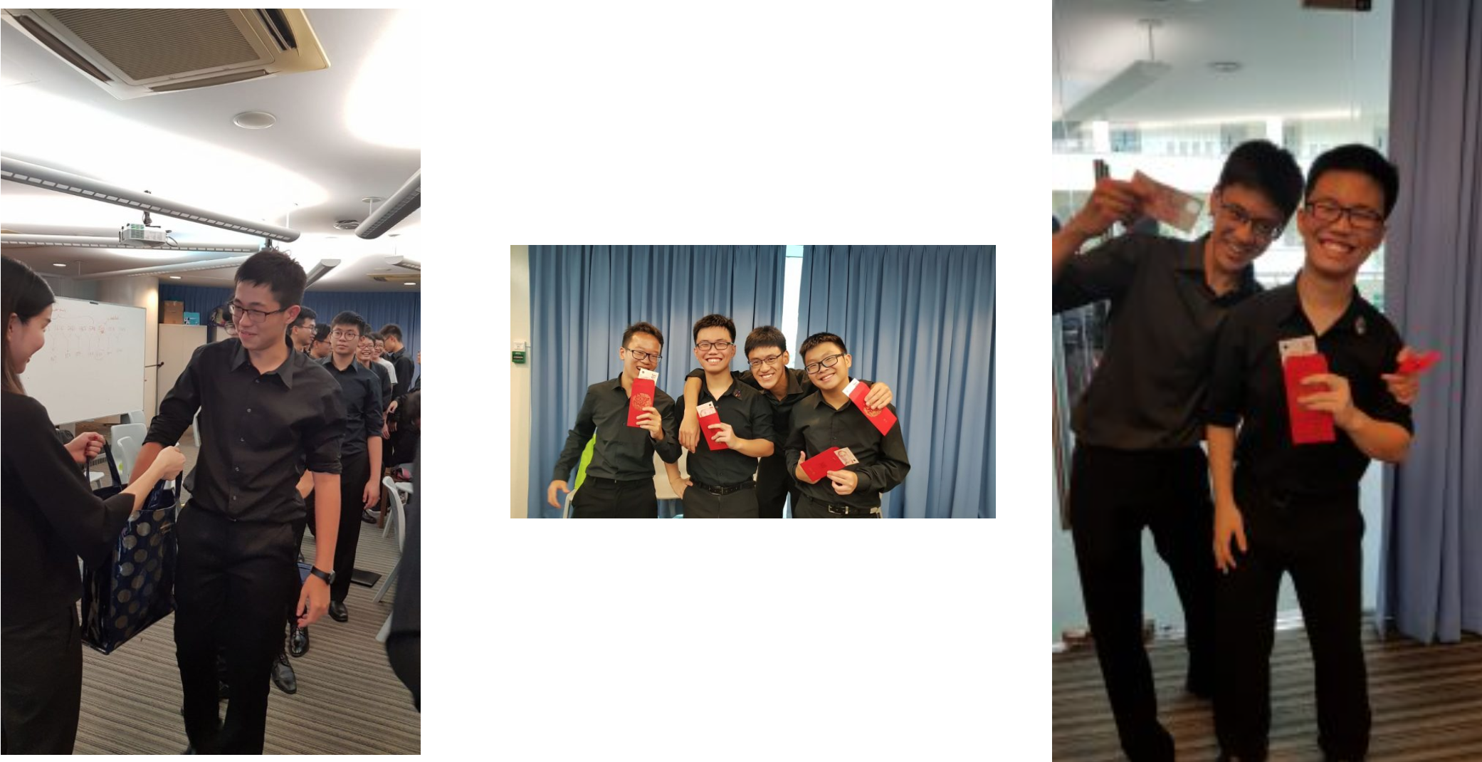 Three photos of young men in black shirts smiling and holding red envelopes at an indoor event.